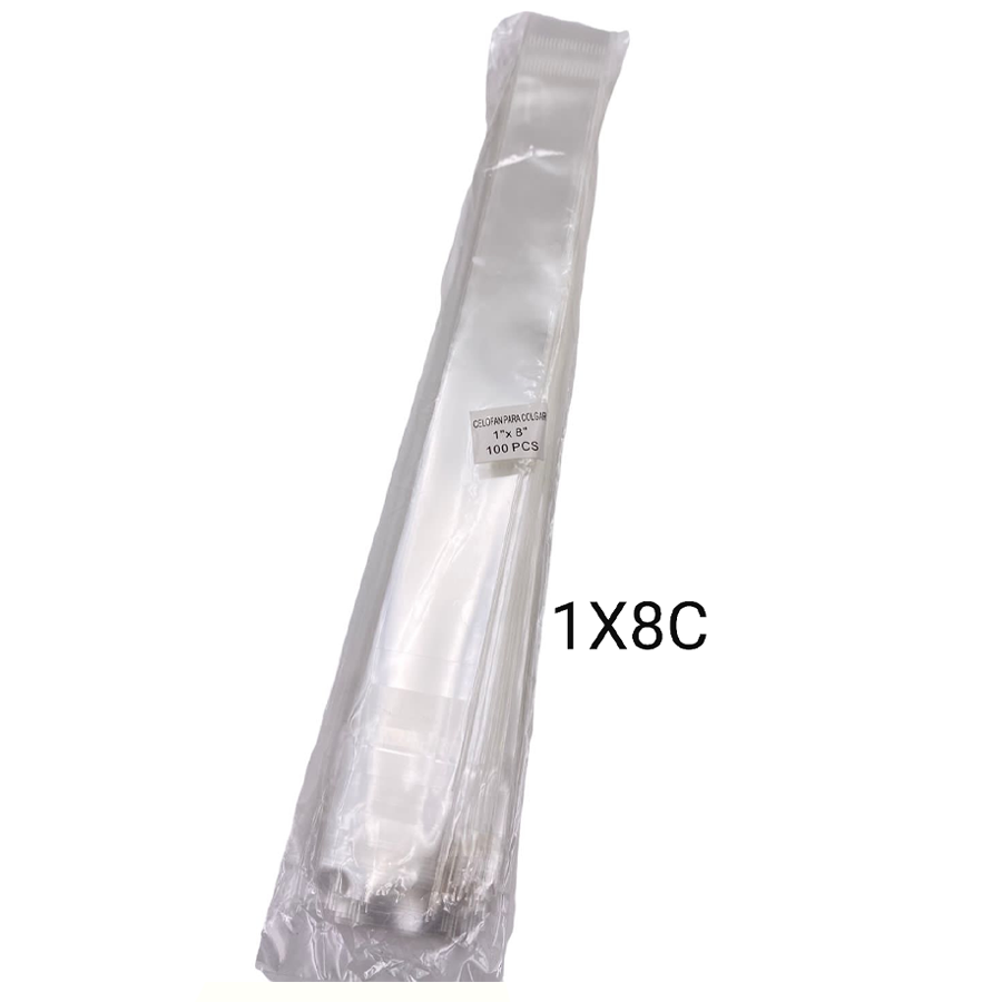 BOLSA DE CELOFÁN CON PEGAMENTO Y COLGANTE DE 1X8¨ PAQ CON 100 PZ