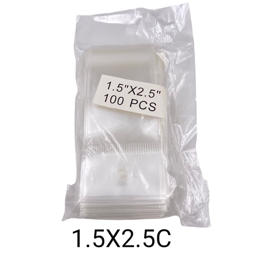 BOLSA DE CELOFAN CON PEGAMENTO Y COLGANTE DE 1.5X2.5¨ PAQ. CON 100 PZ