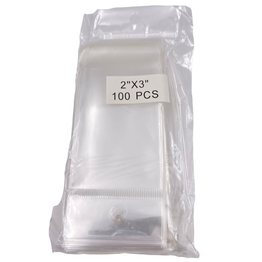 BOLSA DE CELOFÁN CON PEGAMENTO Y COLGANTE DE 2X3¨ PAQ. CON 100 PZ