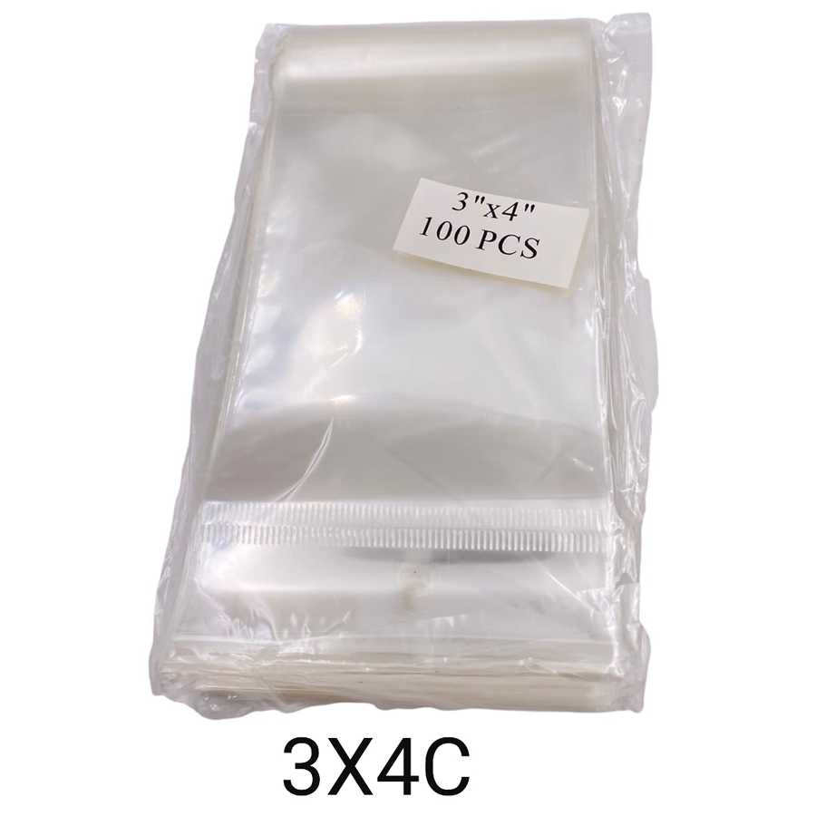 BOLSA DE CELOFÁN CON PEGAMENTO Y COLGANTE DE 3X4¨ PAQ. CON 100 PZ