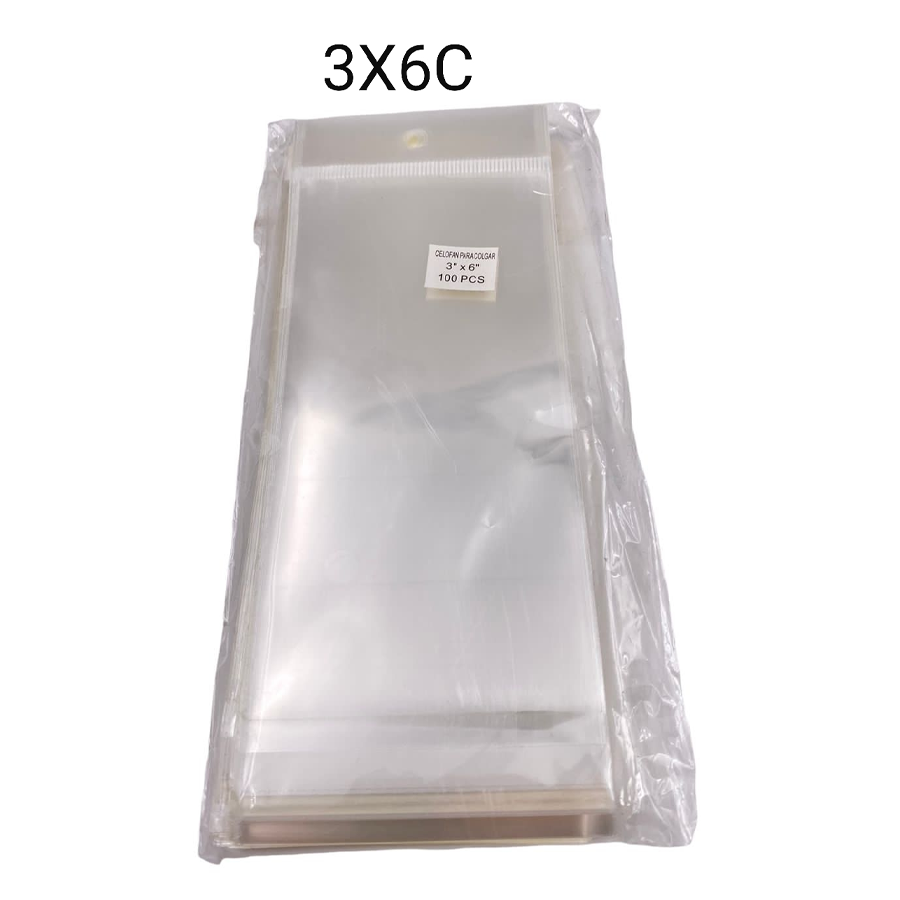 BOLSA DE CELOFÁN CON PEGAMENTO Y COLGANTE 3X6¨ PAQ. 100 PZ