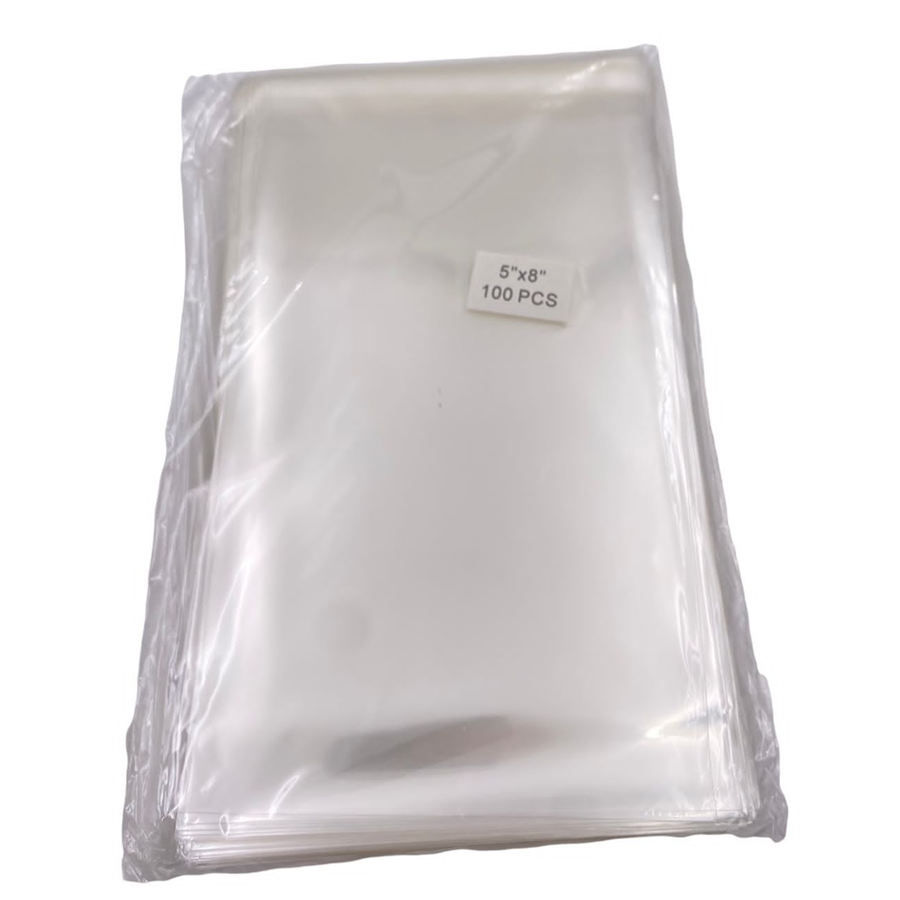 BOLSA DE CELOFAN CON PEGAMENTO Y COLGANTE DE 5X8¨ PAQ. CON 100 PZ