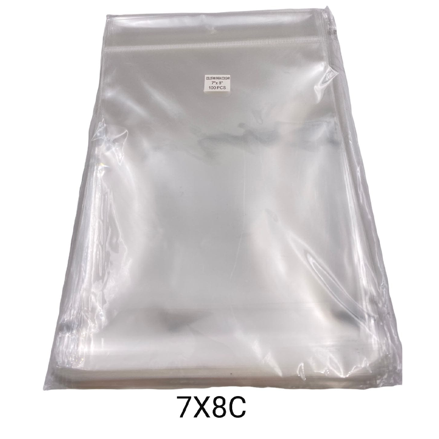 BOLSA DE CELOFÁN CON PEGAMENTO Y COLGANTE DE 7X8¨ PAQ. CON 100 PZS
