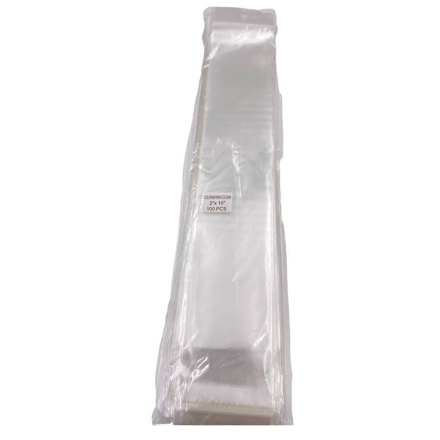 BOLSA DE CELOFÁN CON PEGAMENTO Y COLGANTE DE 2X10¨ PAQ CON 100 PZ