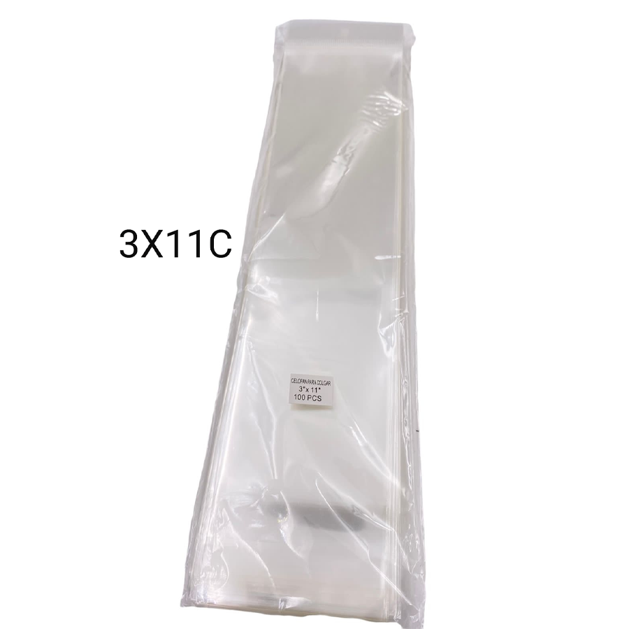 BOLSA DE CELOFÁN CON PEGAMENTO Y COLGANTE DE 3X11¨ PAQ. CON 100 PZ