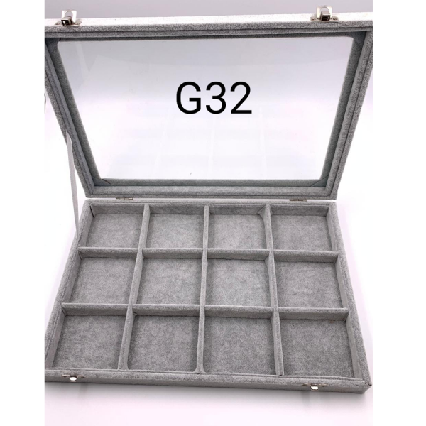 CHAROLA EN TERCIOPELO GRIS CON 12 CASILLEROS DE 35X24X4.5 CM