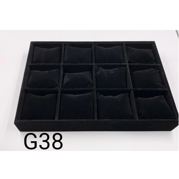 CHAROLA CON 12 ALMOHADAS EN TERCIOPELO NEGRO DE 35X24X5.5 CM